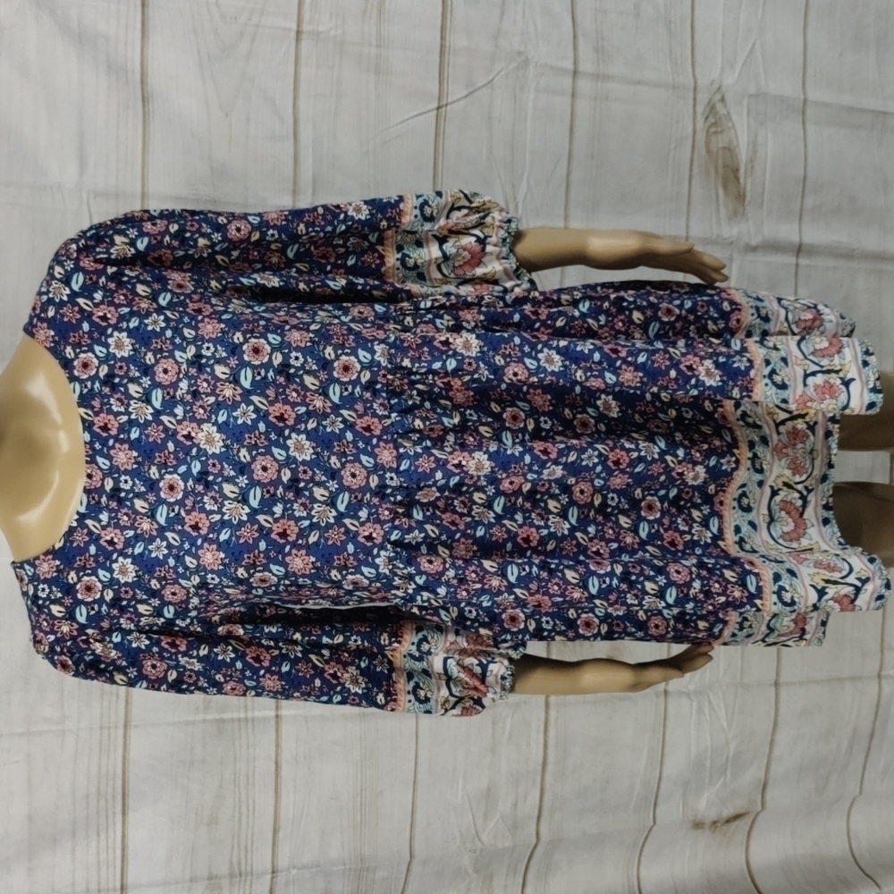 𝅺BEBOP Boho Short Dress Blue Floral Print 3/4 Puffy Sleeve Size Medium